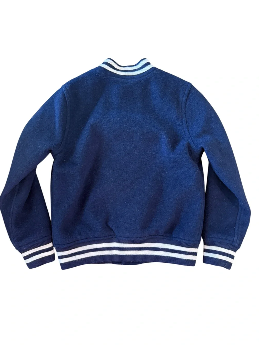 GAP Kids Boys Navy Varsity Jacket Size Medium Wool Blend Leather Trim Pockets